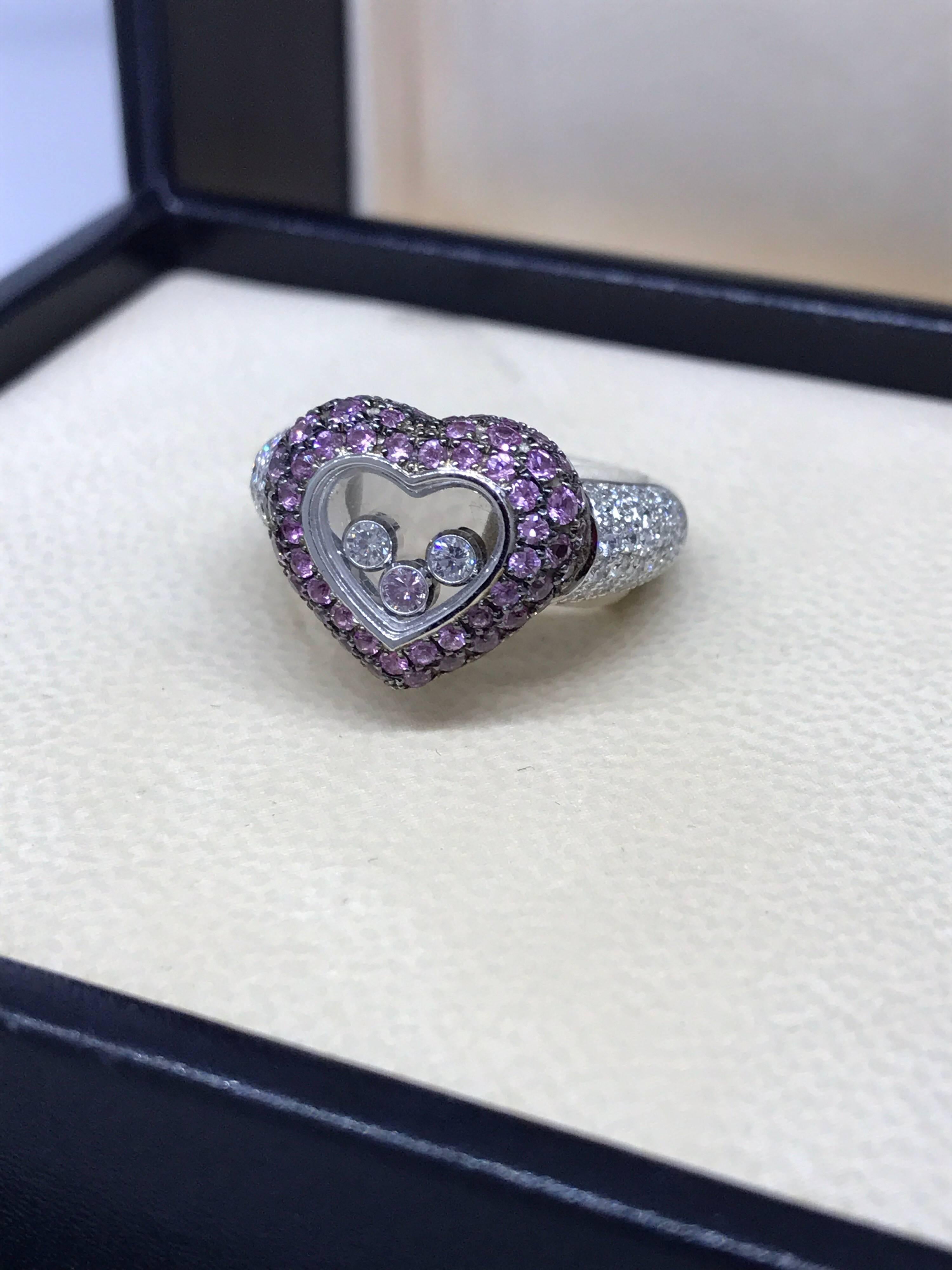 Chopard Happy Diamonds White Gold Diamonds and Pink Sapphires Heart Shape Ring For Sale 3