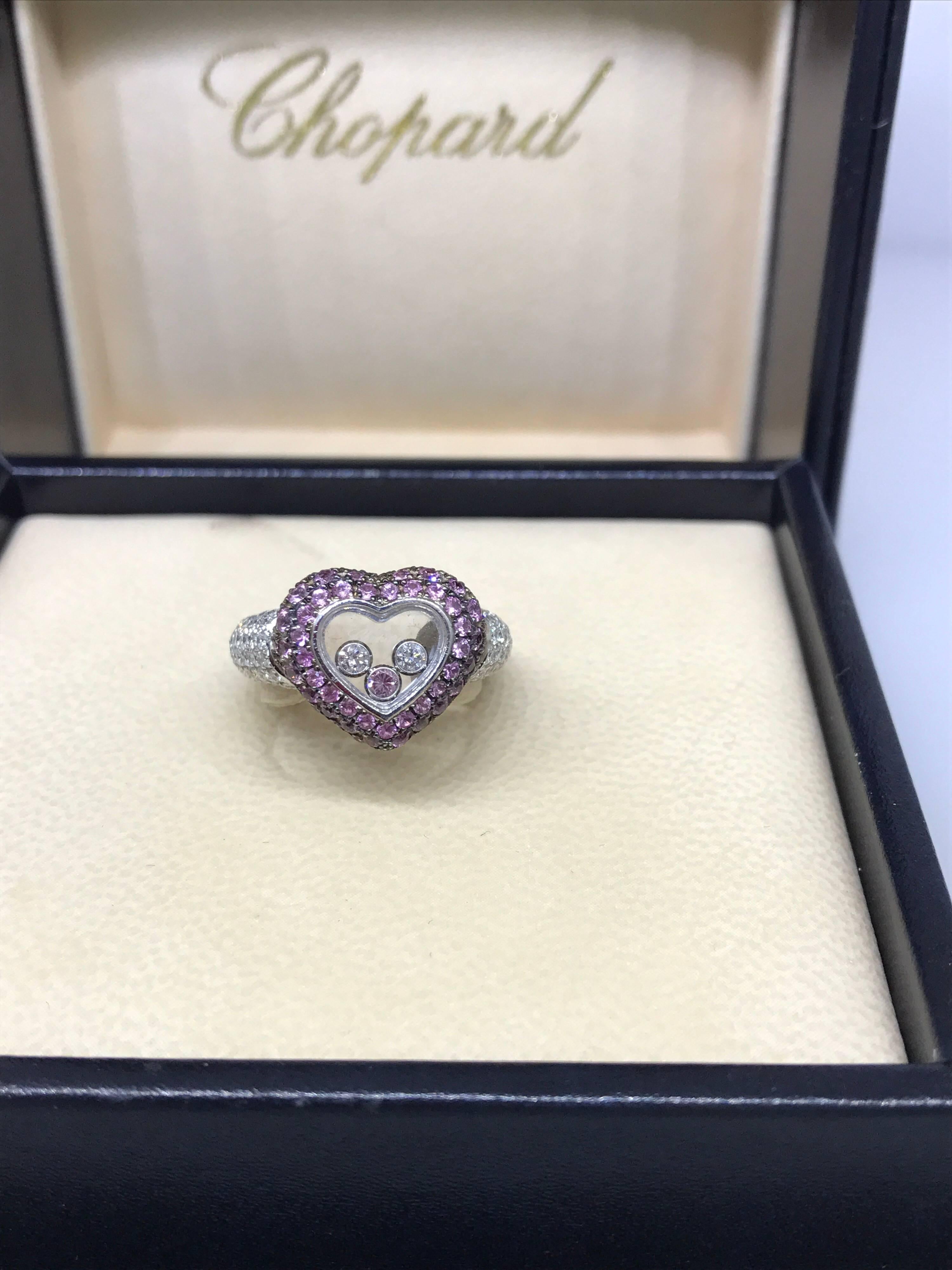 Chopard Happy Diamonds White Gold Diamonds and Pink Sapphires Heart Shape Ring For Sale 4
