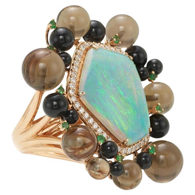 Fei Liu Pentagon-Cut Queensland Opal, Dia, Smoky Quartz and Tsavorite 18K Ring For Sale
