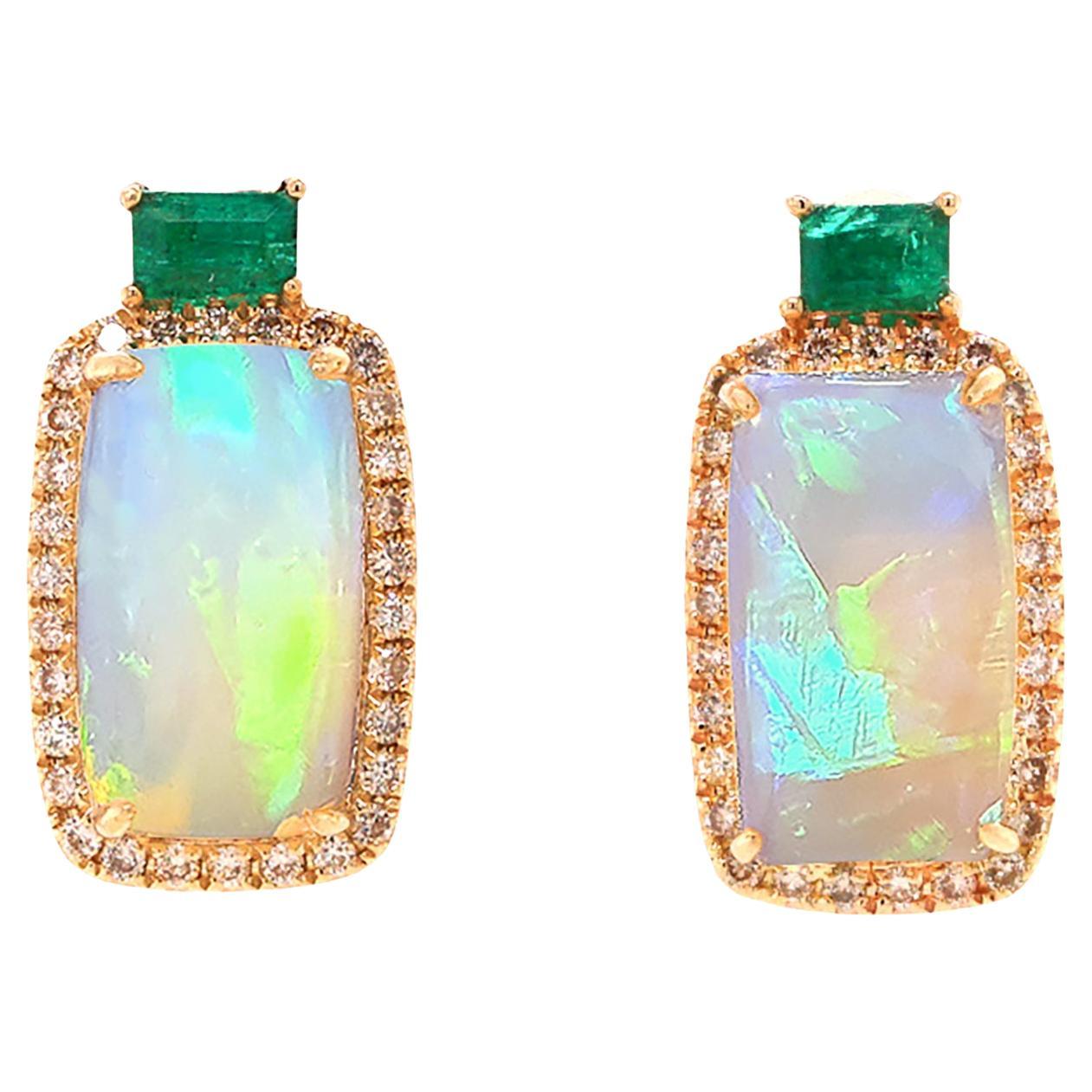 Fei Liu 4.08ct Opal, Diamond and Emerald 14 Karat Yellow Gold Stud Earrings
