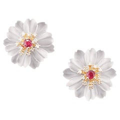 Fei Liu 0.37ct Ruby, Diamond and Rock Crystal 14K Gold Flower Earrings