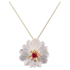 Fei Liu 0.24ct Ruby, Diamond and Rock Crystal Flower 14ct Gold Pendant Necklace