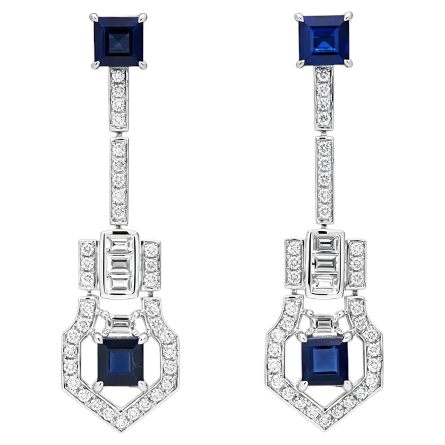 Art Deco‑Style Convertible Platinum Earrings Set with Sapphires and Diamonds For Sale