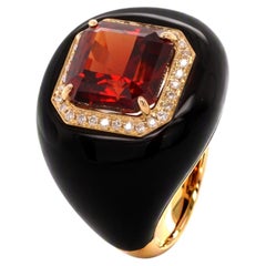 6ct Garnet, Diamond and Onyx Dome Ring in 14ct Yellow Gold