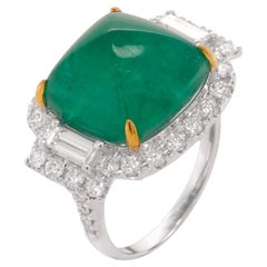 Platinum 13.68ct Sugarloaf Emerald and Diamond Cocktail Ring