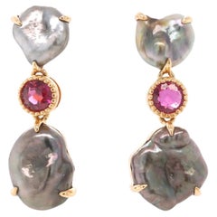 14 Karat Gold Tahitian Pearl and Ruby Drop Earrings - Fei Liu