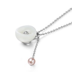 Nephrite Jade, Dia and Pearl Drop Flower Pendant Necklace in 14K White Gold