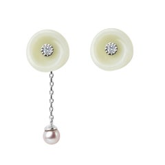 Nephrite Jade, Dia and Pearl Drop Flower Convertible Earrings in 14K White Gold