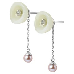 Nephrite Jade, Dia and Pearl Drop Flower Convertible Earrings in 14K White Gold
