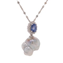 Oval Sapphire, Diamond and Baroque South Sea Pearl Platinum Necklace - Fei Liu