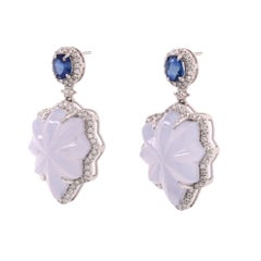 Carved Chalcedony, Sapphire and Diamond Platinum Drop Earrings