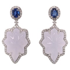 Carved Chalcedony, Sapphire and Diamond Platinum Drop Earrings
