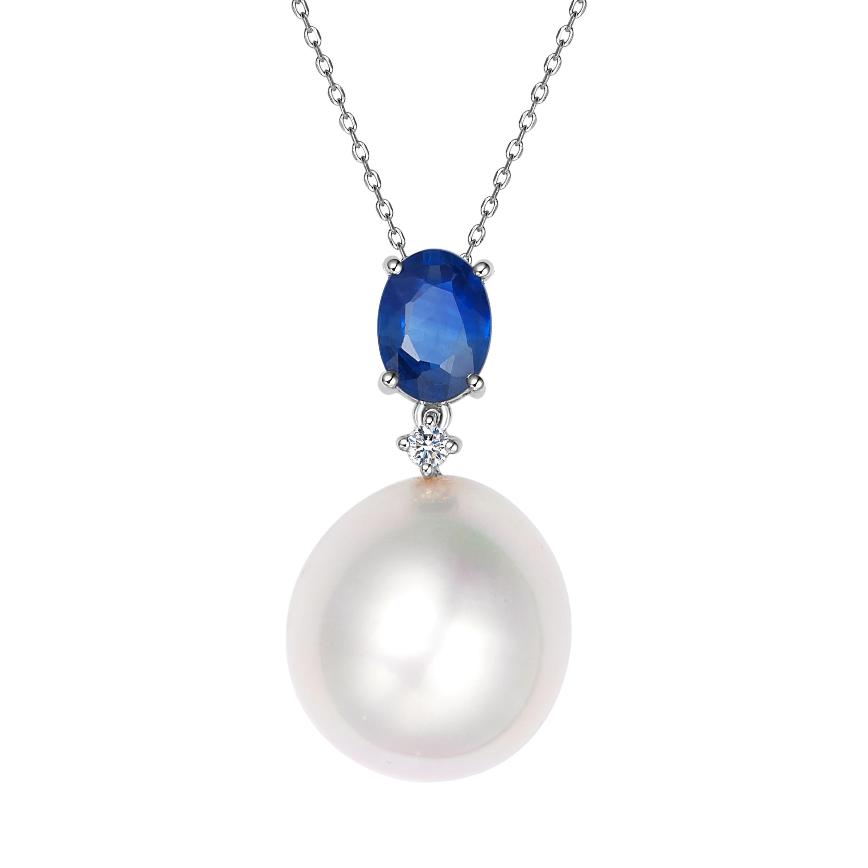 Fei Liu Blue Sapphire Pearl Diamond 18 Karat White Gold Pendant Necklace