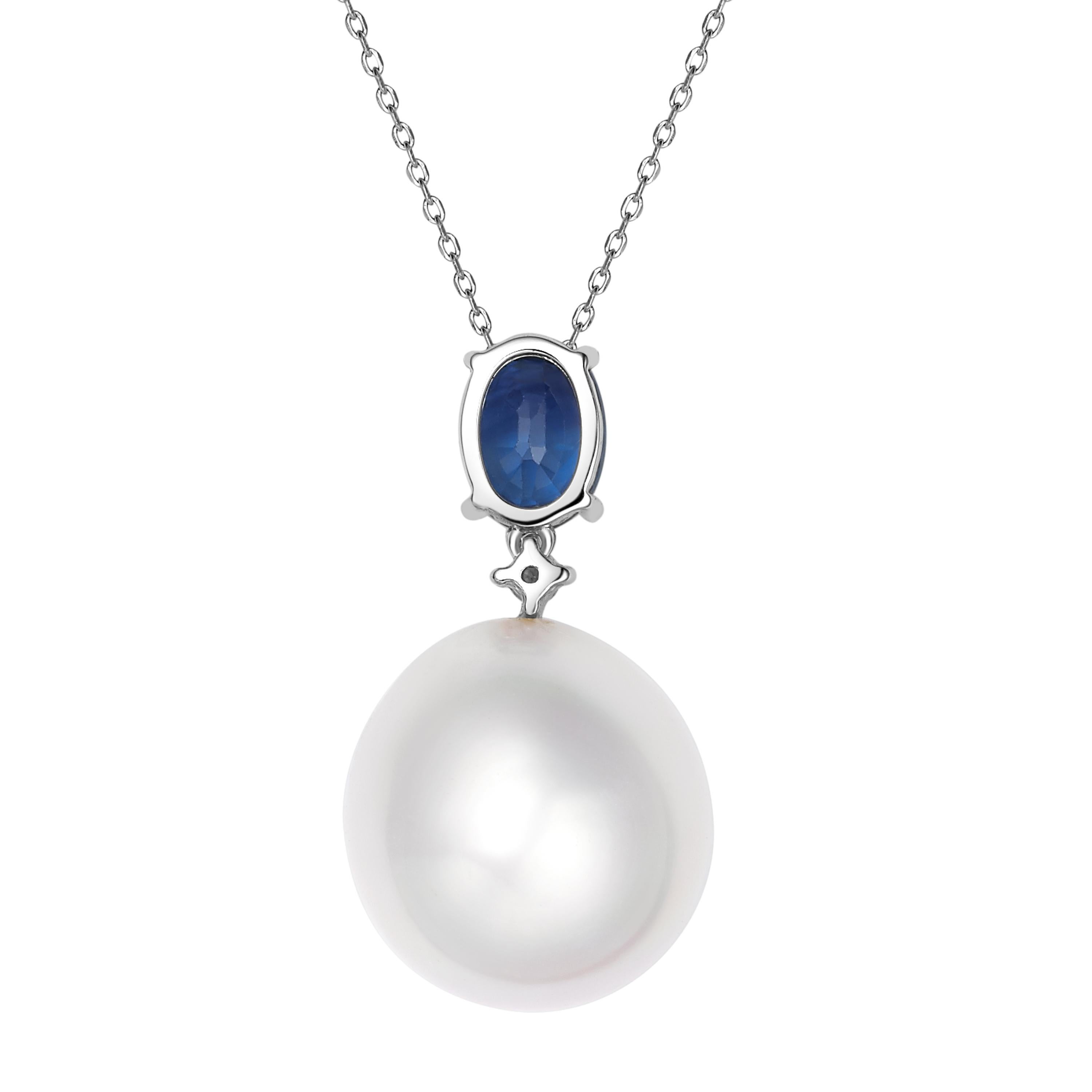 Contemporary Fei Liu Blue Sapphire Pearl Diamond 18 Karat White Gold Pendant Necklace