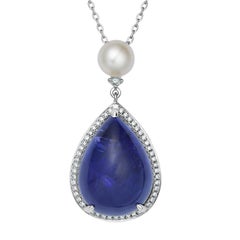Fei Liu 18 Karat White Gold Blue Tanzanite With Pearl and Diamonds Necklace