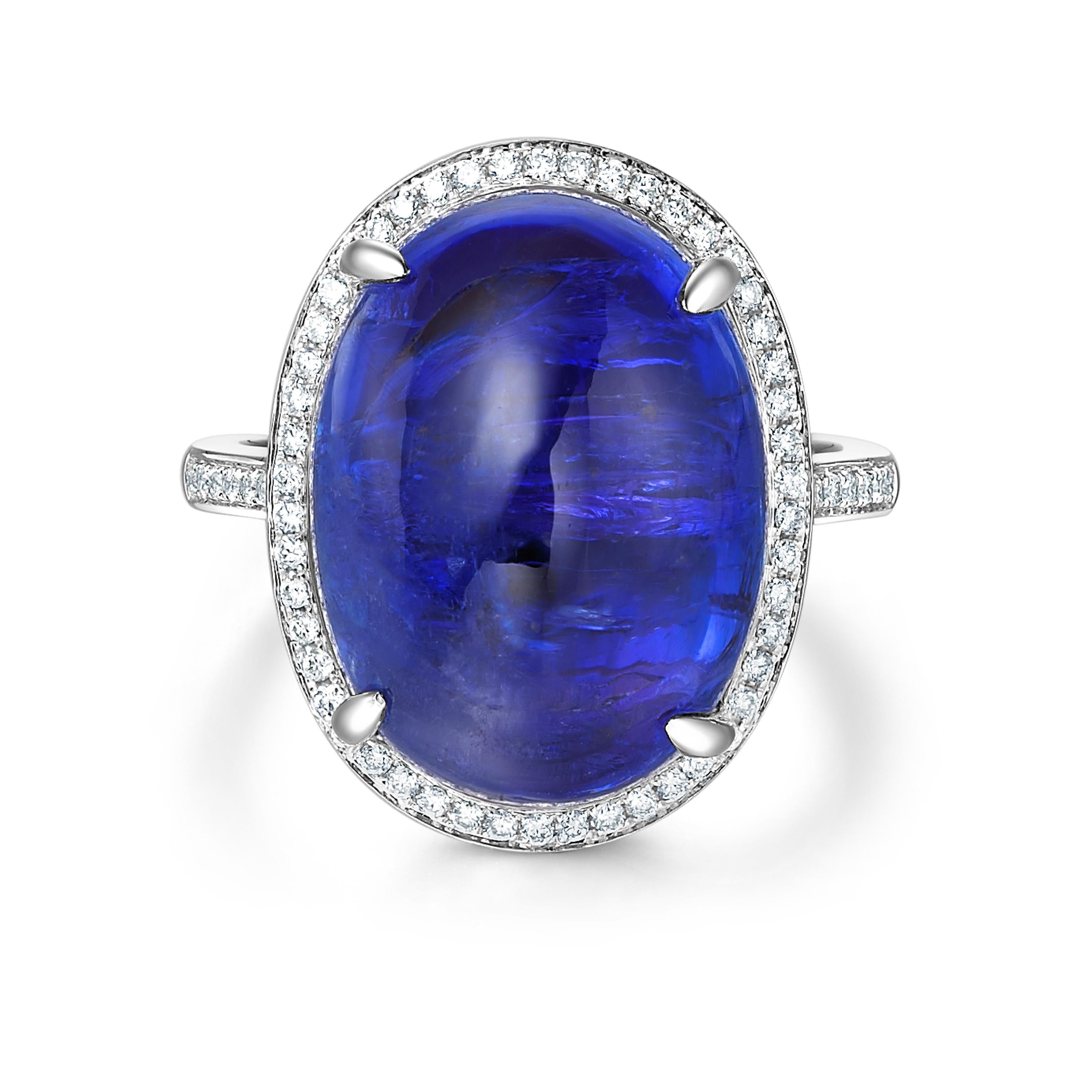 Description:
Fei Liu one-off ring with 17.45ct vivid blue tanzanite cabochon with 0.22ct brilliant diamonds.

Ring size: N (UK)

Inspiration:
The glamour of the royal tanzanite combined with the glamour of the shimmering diamonds, makes this the