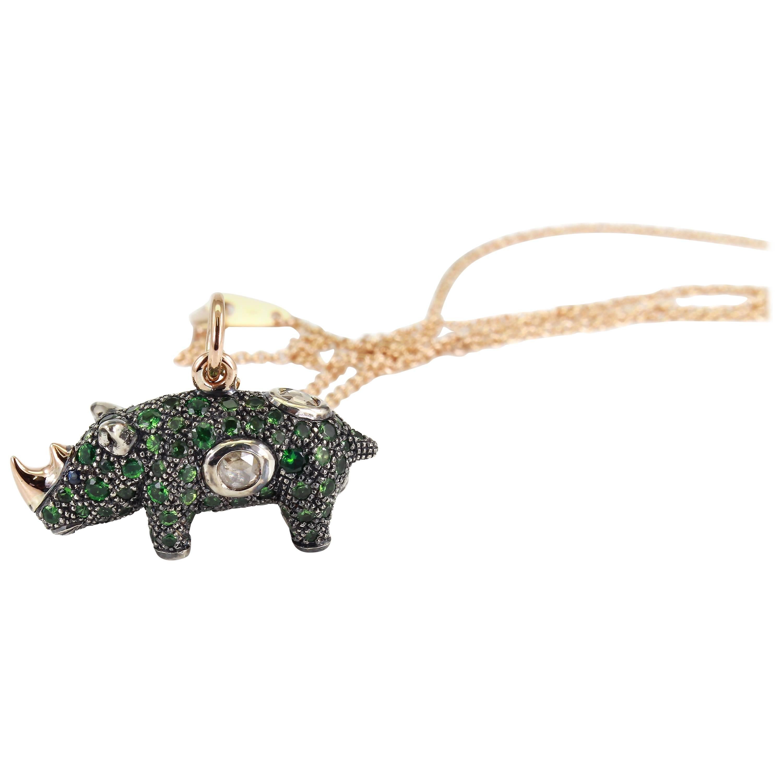 18k Rose Gold Sterling Silver Tsavorite Rhino Necklace For Sale