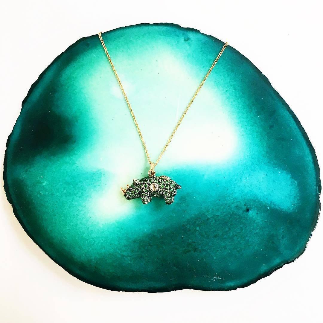 Contemporary 18k Rose Gold Sterling Silver Tsavorite Rhino Necklace For Sale