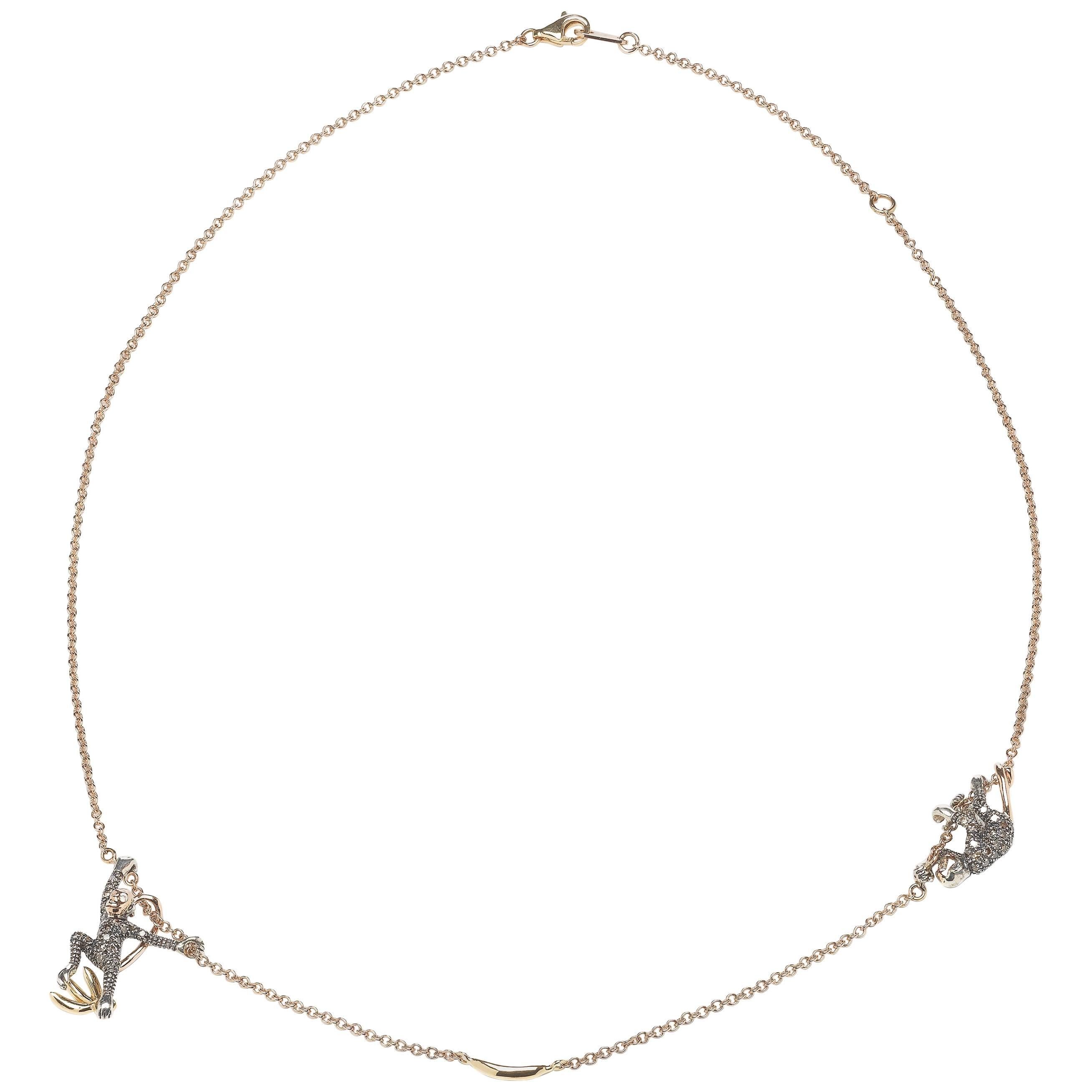 18k Rose Gold with Diamonds and Sterling Silver Monkey Duo Necklace For Sale