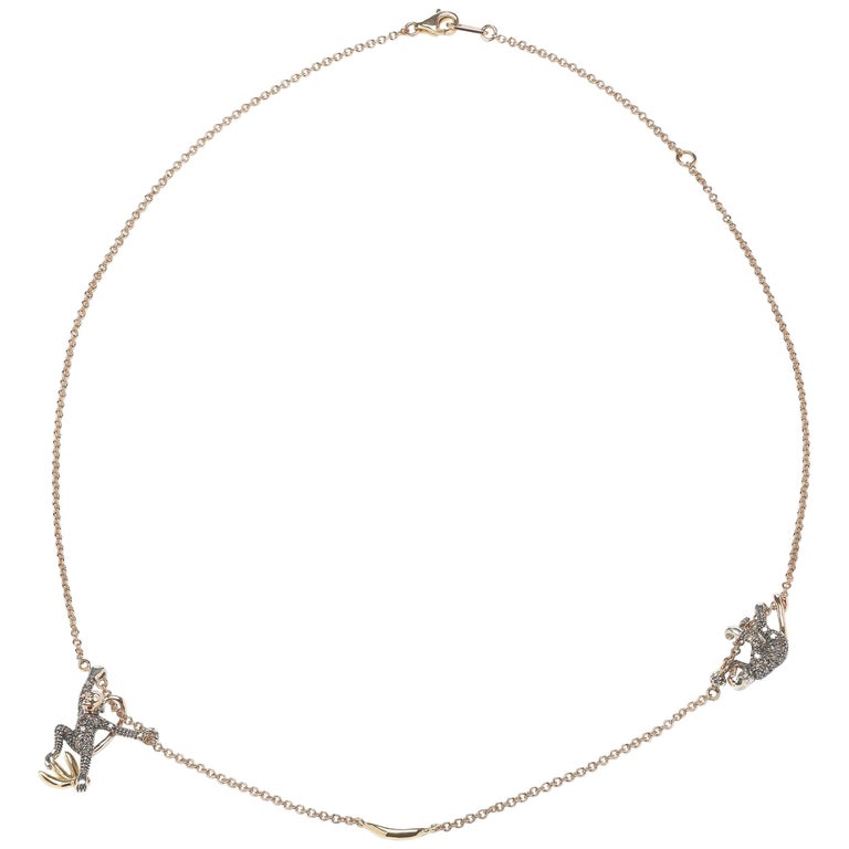 18k Rose Gold with Diamonds and Sterling Silver Monkey Duo Necklace For ...