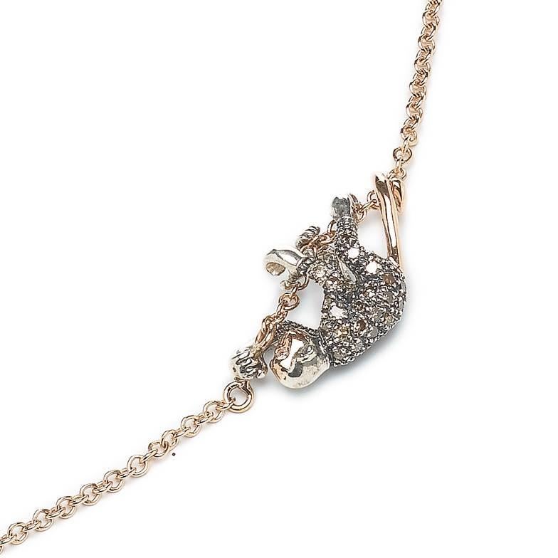 Contemporary 18k Rose Gold with Diamonds and Sterling Silver Monkey Duo Necklace For Sale