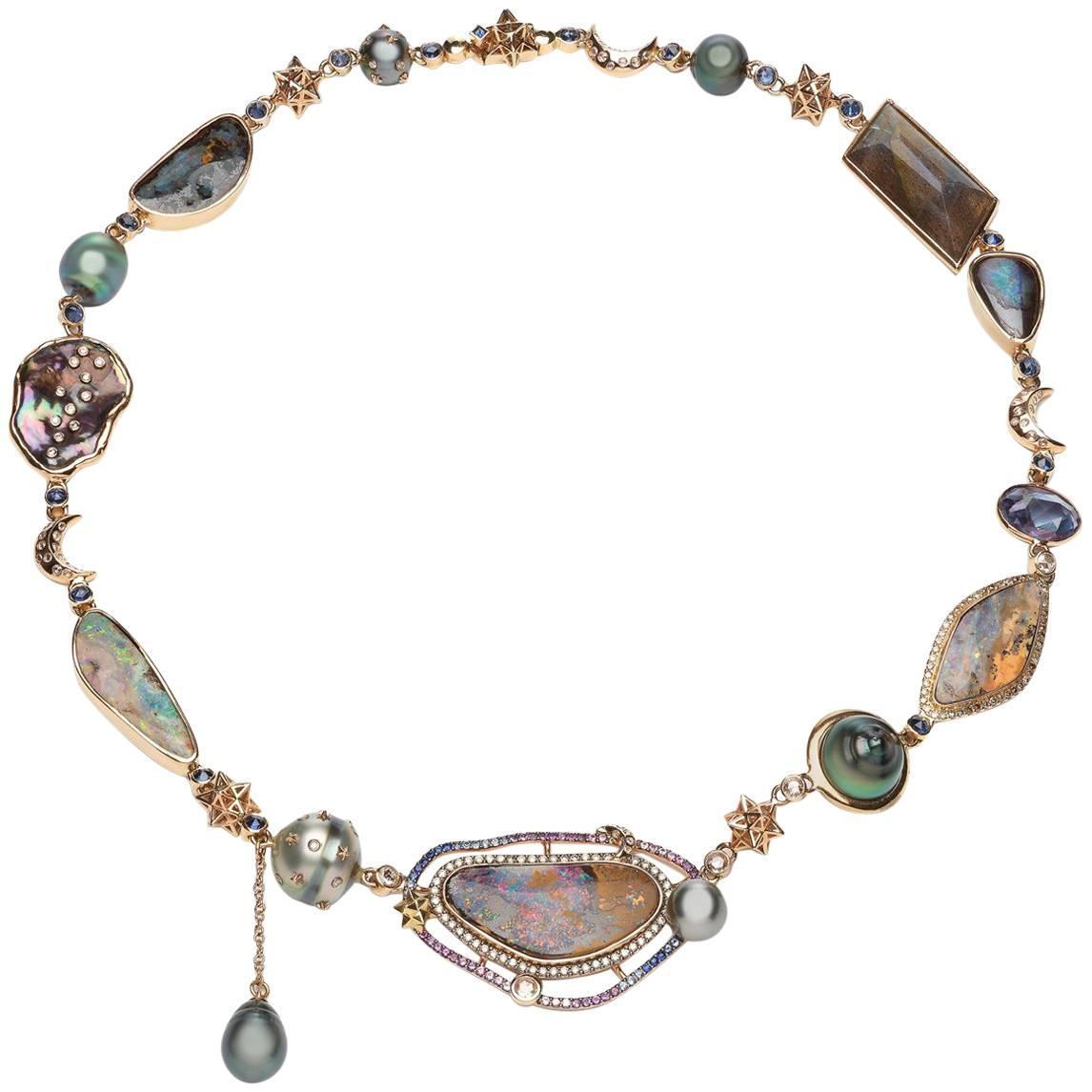 Galaxy 18 Carat Gold Opals Sapphires Diamond Necklace