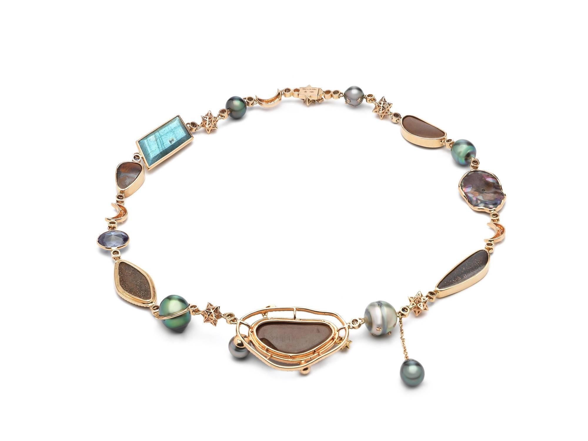 Contemporary Galaxy 18 Carat Gold Opals Sapphires Diamond Necklace