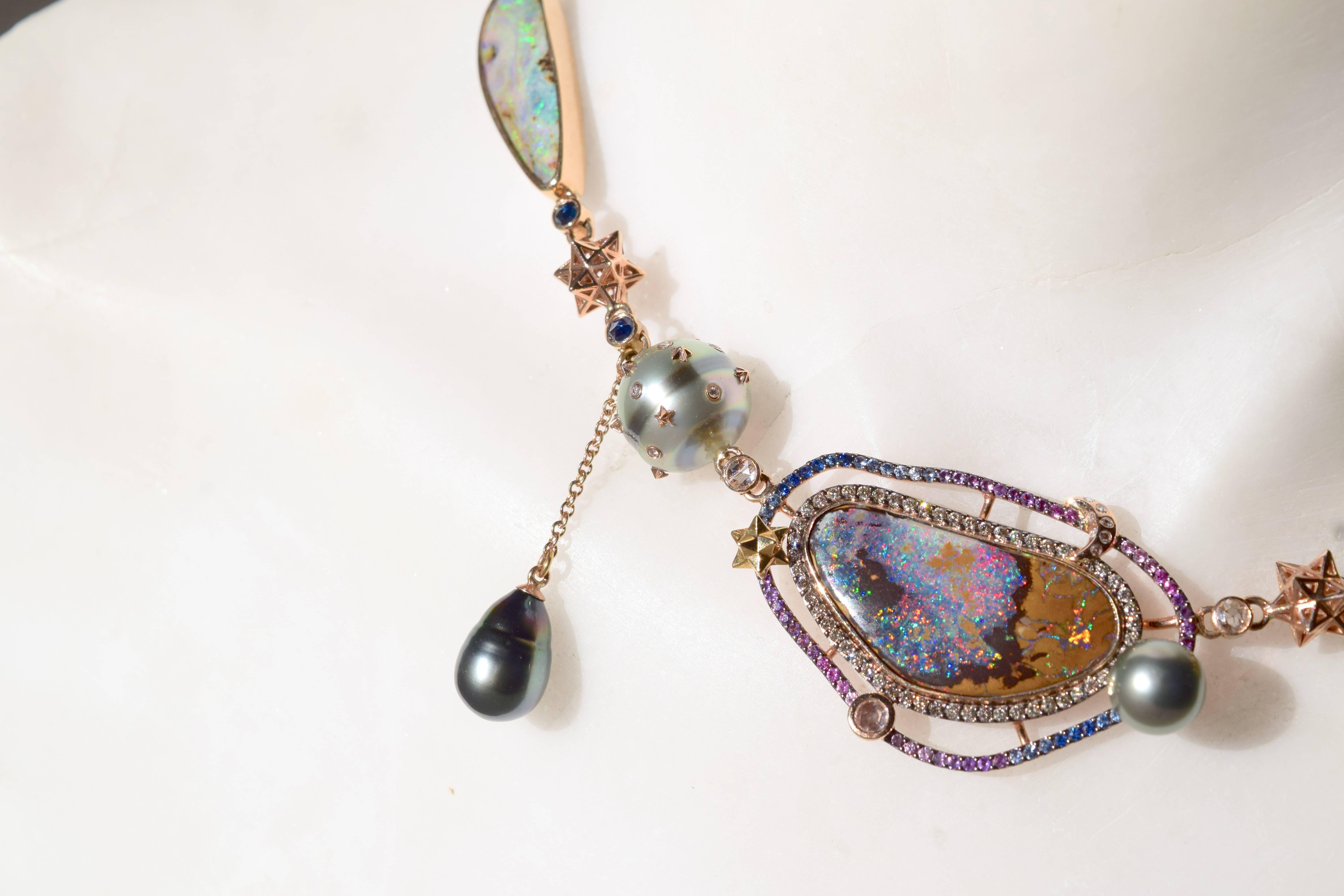 Galaxy 18 Carat Gold Opals Sapphires Diamond Necklace In New Condition In Amsterdam, NL