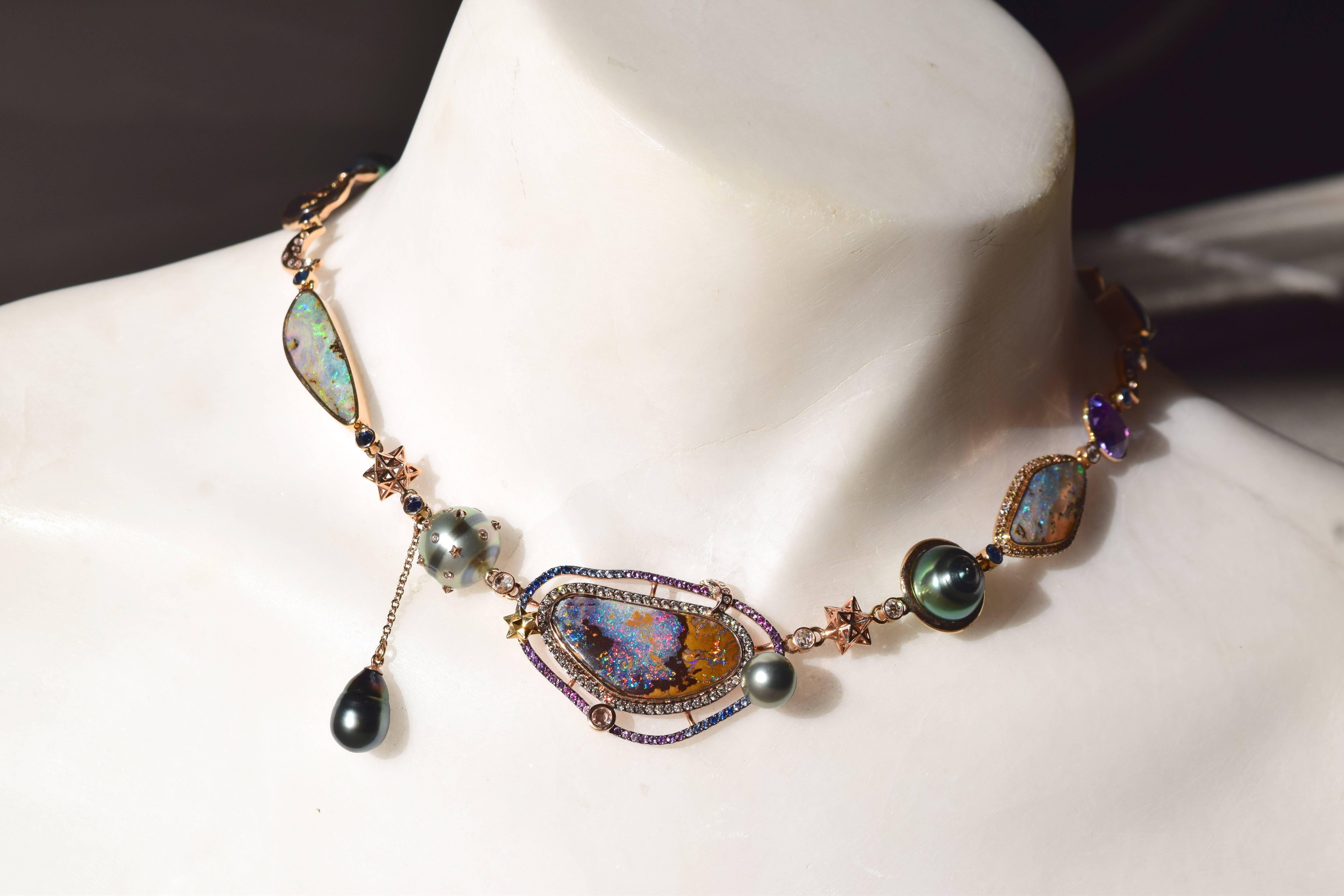 Women's Galaxy 18 Carat Gold Opals Sapphires Diamond Necklace