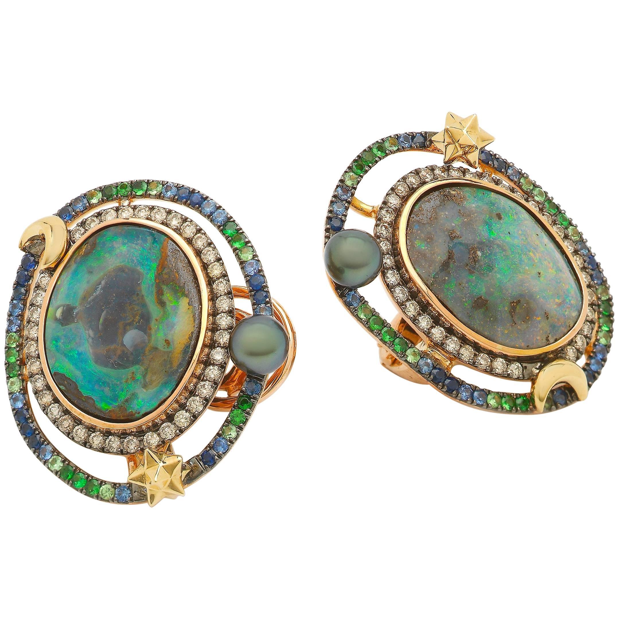 Opal Orb 18k Rose Yellow Gold Opals Diamonds and Gemstones Earrings For Sale