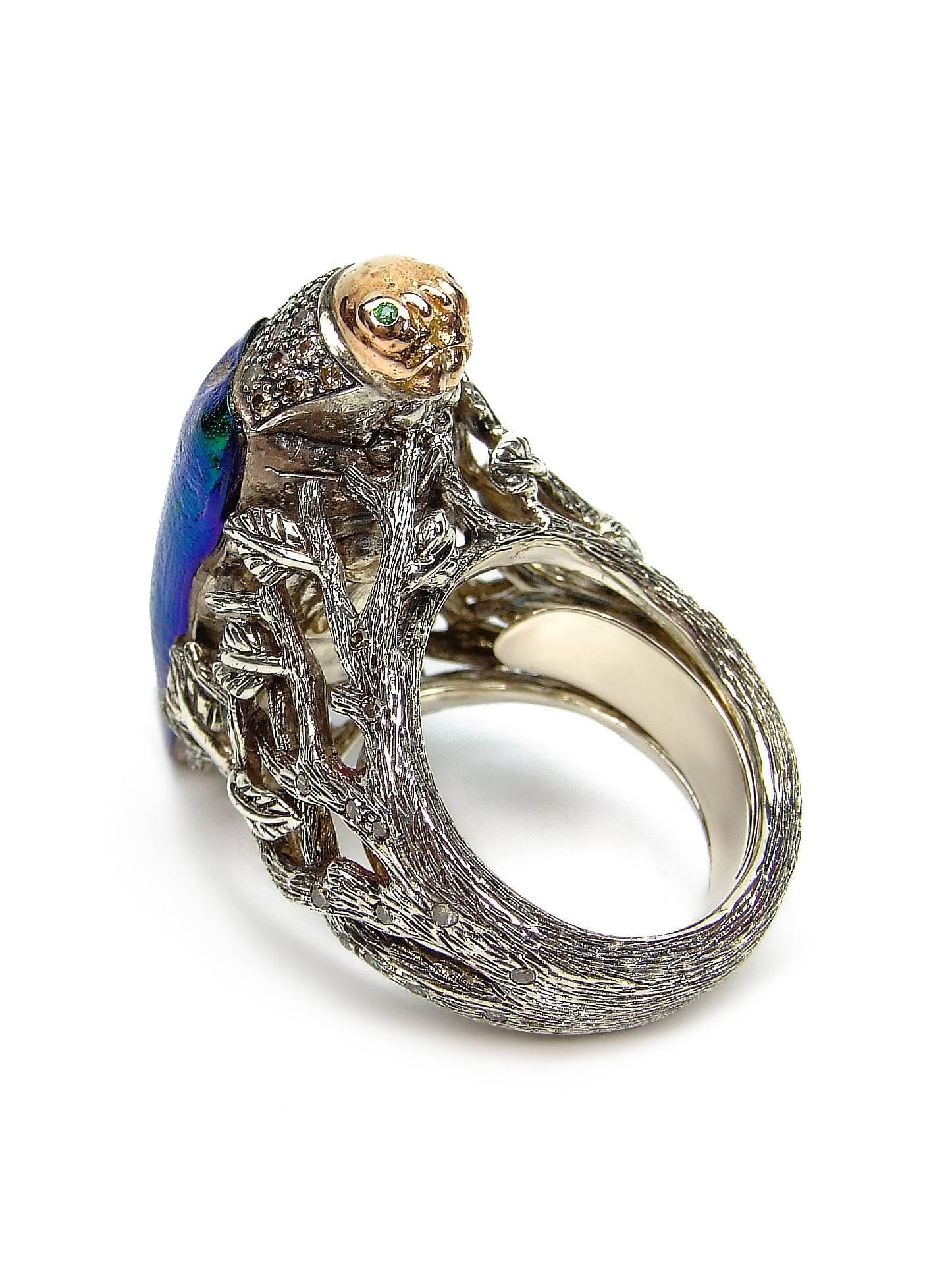 Contemporary Sterling Silver 18k Rose Gold Diamond Scarab Ring For Sale