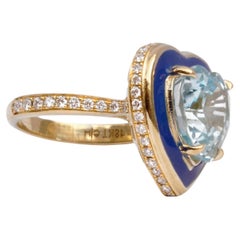 Aquamarine Heart Ring in 18k Gold with Pavé Diamonds and Enamel