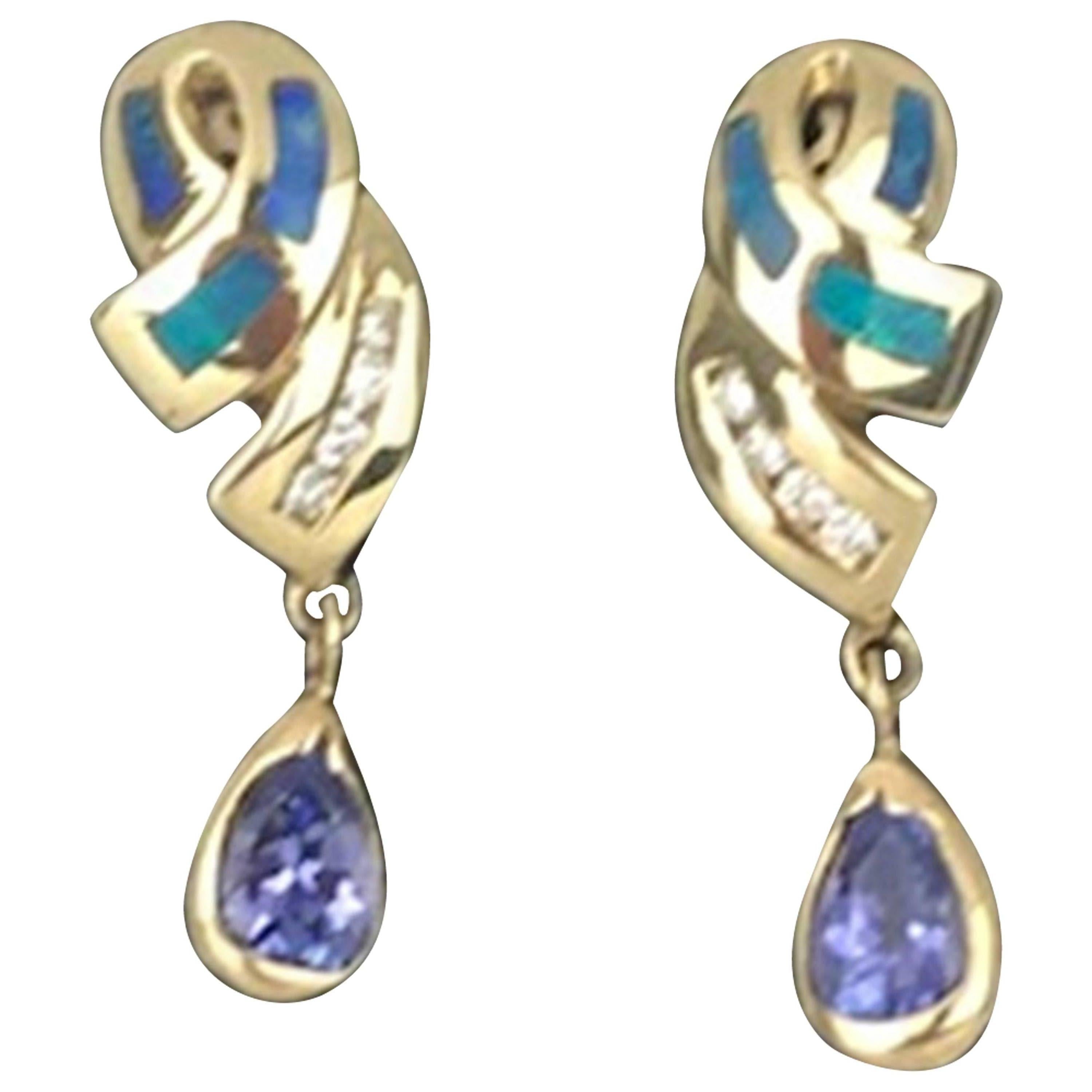 Tanzanite and Opal, Diamond Earrings 14 Karat, circa 1985 Dangle For Sale