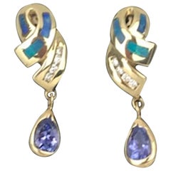 Tanzanite and Opal, Diamond Earrings 14 Karat, circa 1985 Dangle