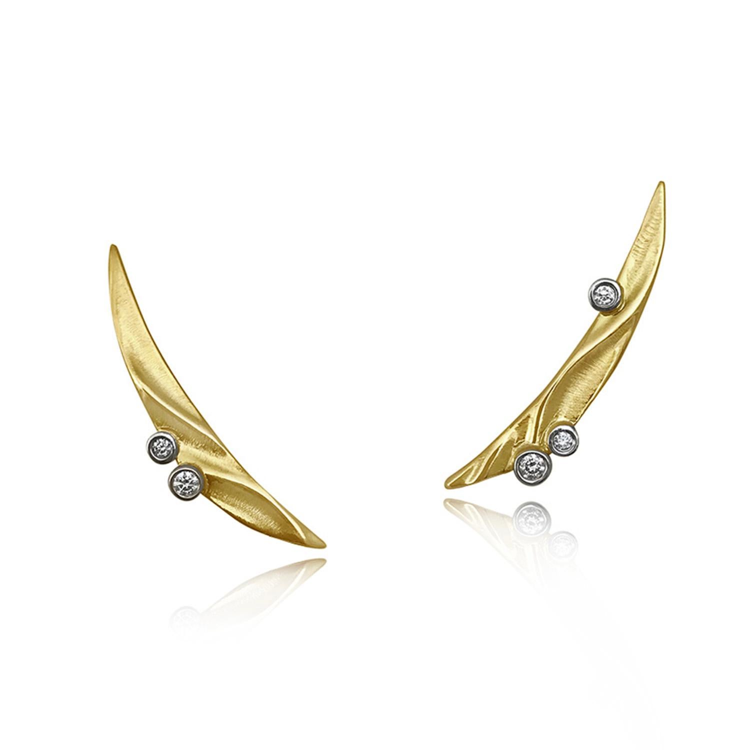 K.Mita's Moon River Climber Earrings are made from 14 Karat Yellow Gold and Sapphire Briolettes with 0.09 Carat Diamonds (total weight) set in 14 Karat White Gold. The Climber Earrings may be worn on their own, either climing up the earlobe or