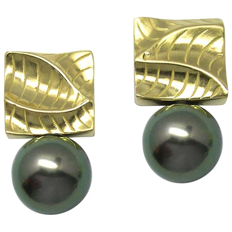 Square 14 Karat Yellow Gold Drop Earrings with Tahitian Pearls For Sale