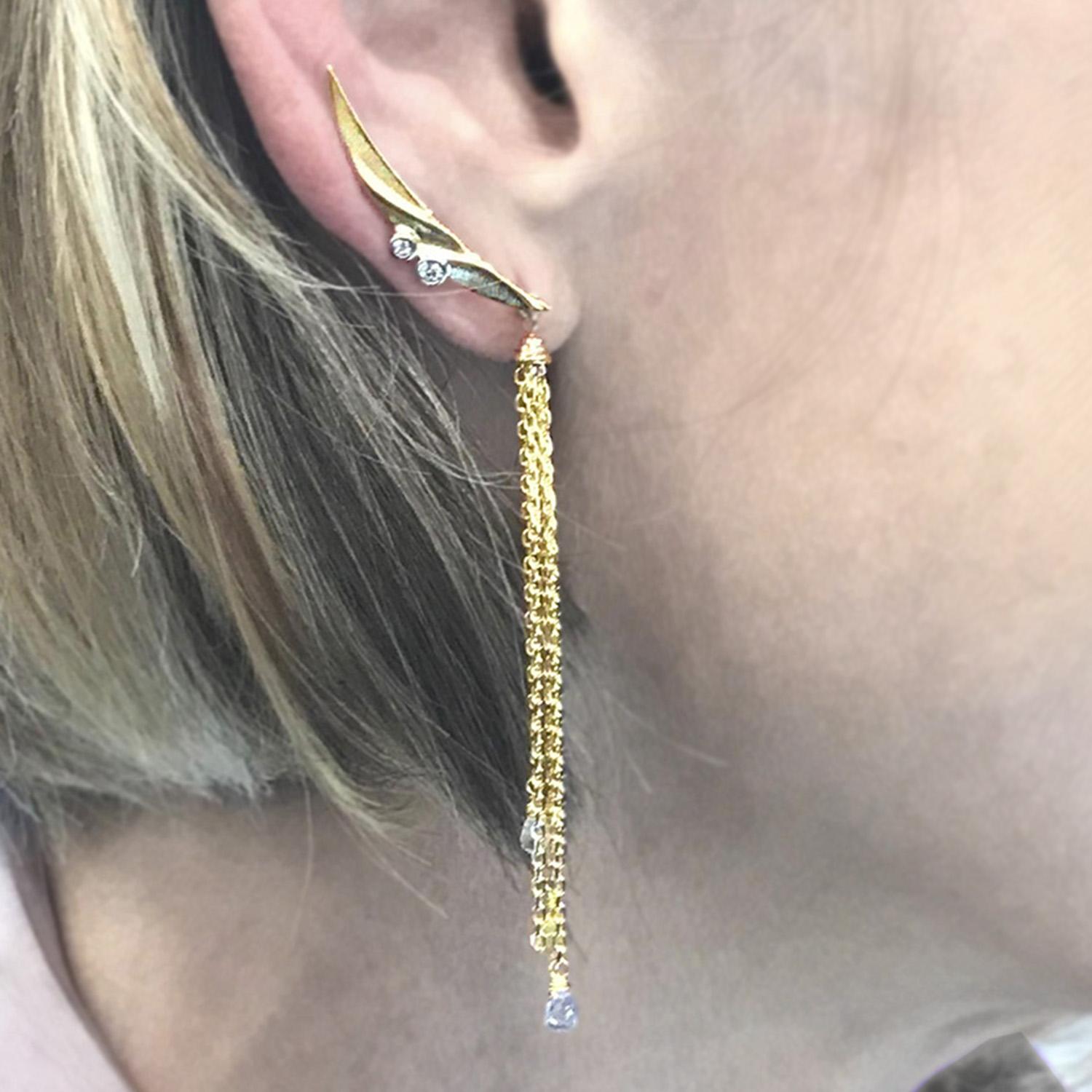 Contemporary 14 Karat Yellow Gold Removable Tassel Climber Earrings with Diamond accents For Sale
