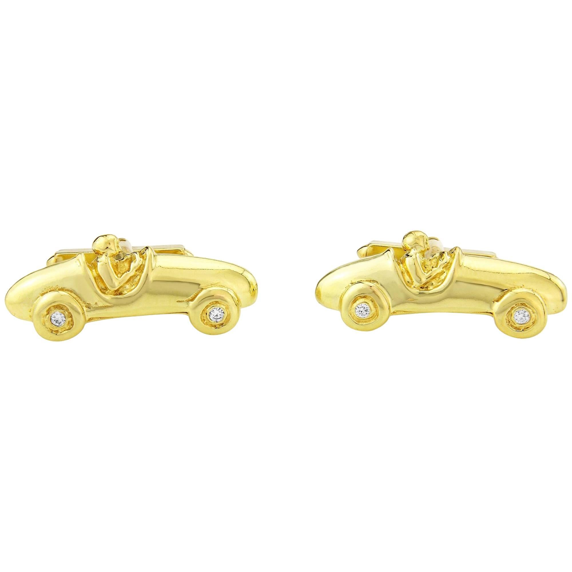 Bugatti Racing Car Cufflinks in solid 18k gold with 4 Diamonds For Sale