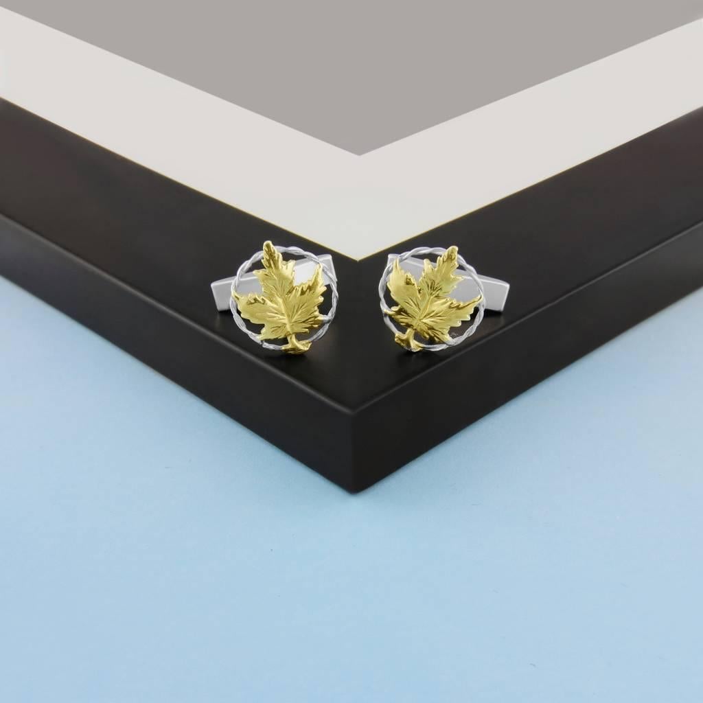 Contemporary Maple Leaf Cufflinks in 18 Karat Gold on Sterling Silver For Sale