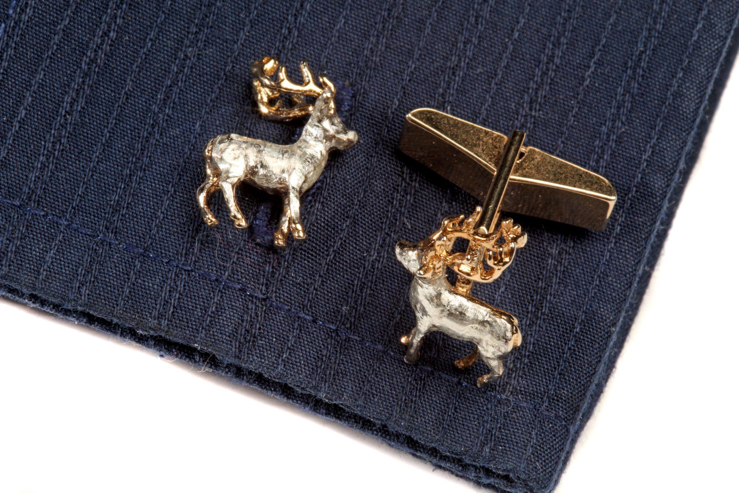 Stunning Stag cufflinks made from solid Sterling Silver with a 18 karat gold layer (5 microns thick) for artistic effect.

These highly detailed cufflinks are ideal for the discerning gentleman in the hunting/shooting world.The combination of 18