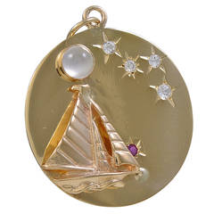 Moonstone Ruby Diamond Gold Sailboat Charm