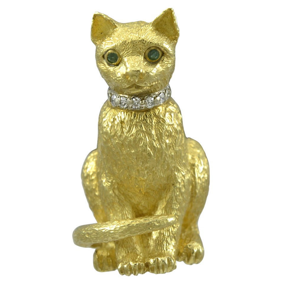 Tiffany & Co. Emerald Diamond Gold Cat Pin