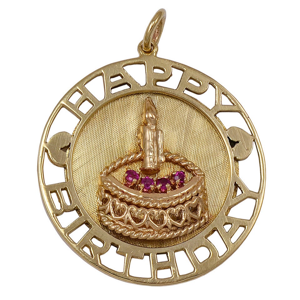 Happy Birthday Ruby Gold Charm Pendant For Sale