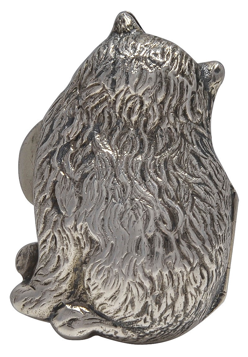 Adorable hinged sterling silver pill box in the form of a figural cat.
Made and signed by Cartier.

Heavy gauge silver.  The cat has a very sweet face.  

Alice Kwartler has sold the finest antique gold and diamond jewelry and silver for over