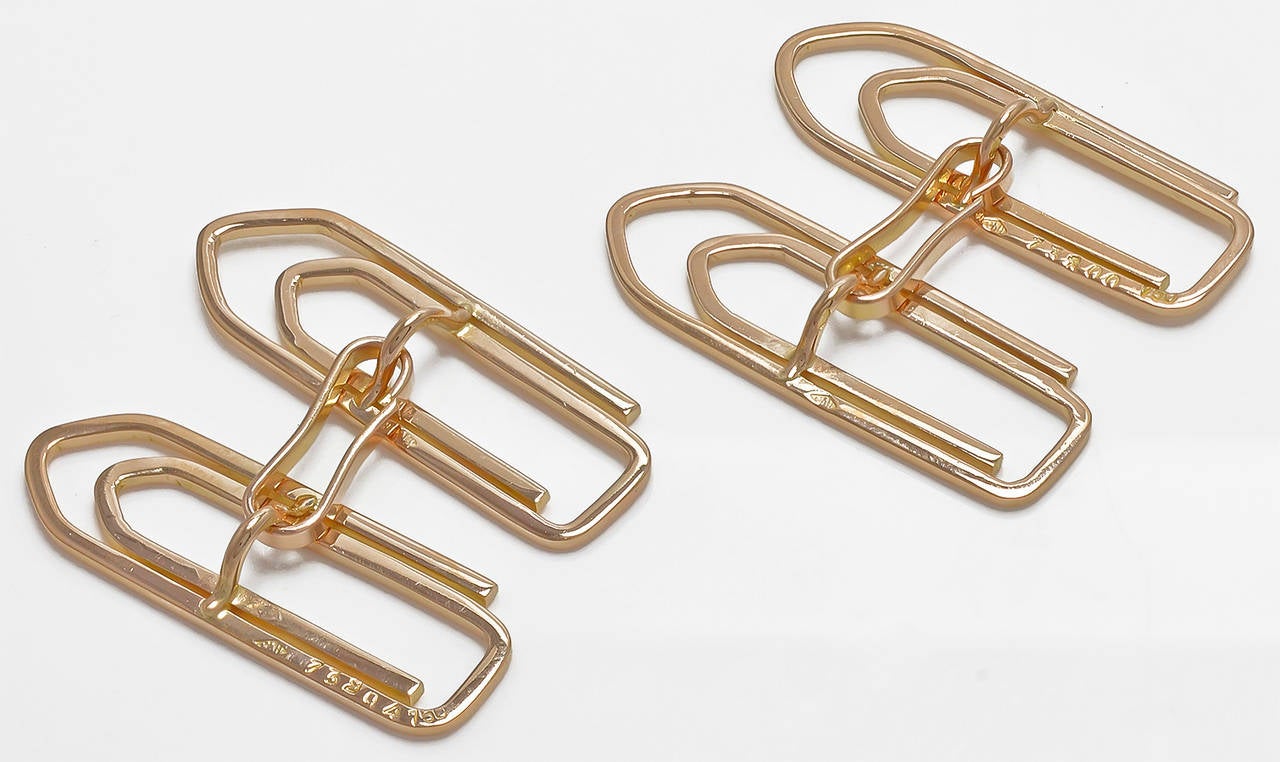 Estate figural paper-clip cufflinks. French 18K. Double-sided, 1 1/4