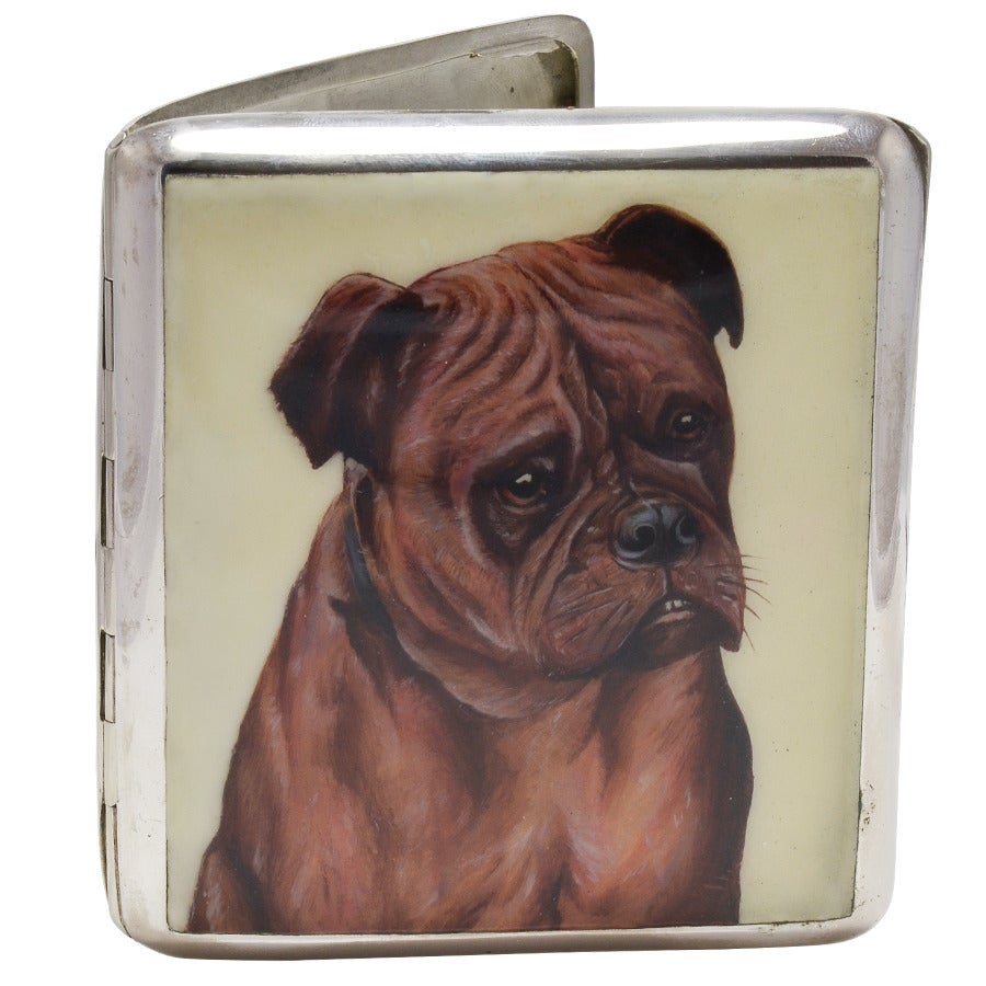 Antique alpacca hinged case with enamel Mastiff. What a face! A great subject. 3 1/4