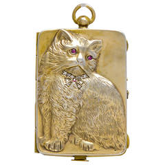 Porte-monnaie ancien en argent sterling:: rubis et diamant:: pour chat