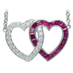 Double Heart Ruby Diamond Platinum Antique Necklace