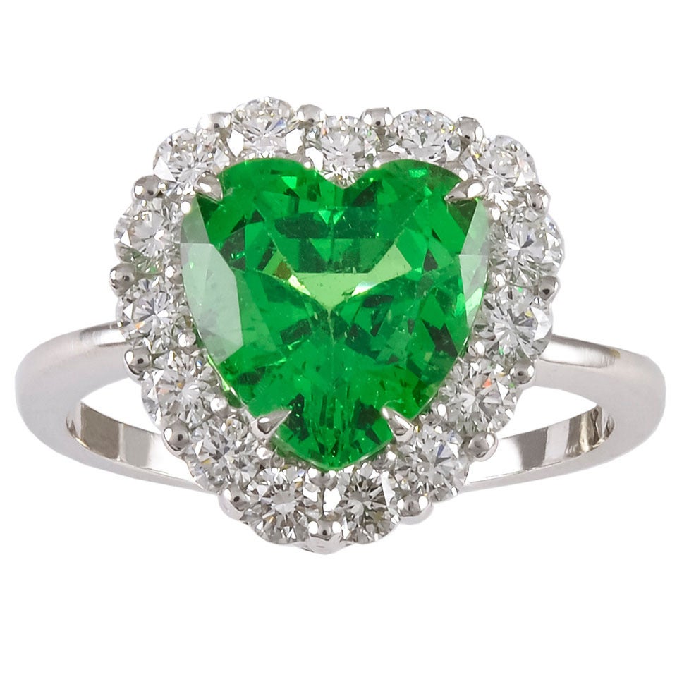 Tsavorite Diamond Platinum Heart Ring For Sale