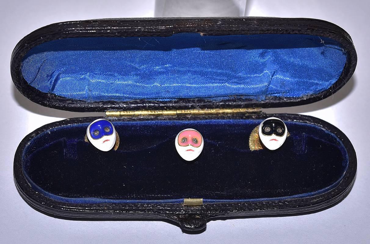 Fabulous set of  shirt studs.  18K yellow gold, with enamel masks set with rose diamond eyes.  In original fitted case.  Striking and unique.  Outstanding example of antique jewelry.

Alice Kwartler has sold the finest antique gold & diamond